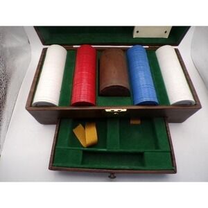 Vintage Wooden Poker Set Case Walnut Finish Brass Latch Drawer Chips Cards